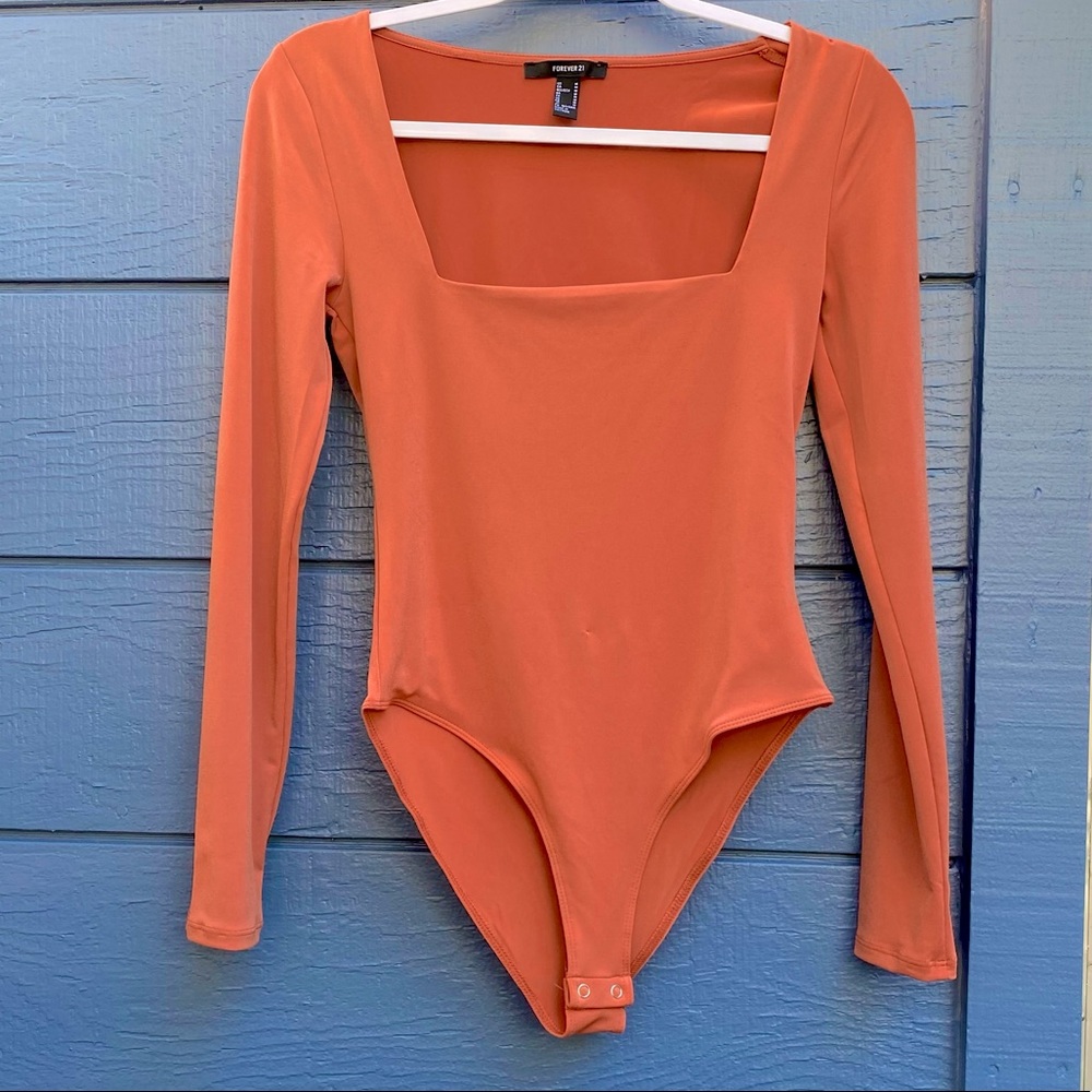 Salmon Square-Cut Long-Sleeve Bodysuit